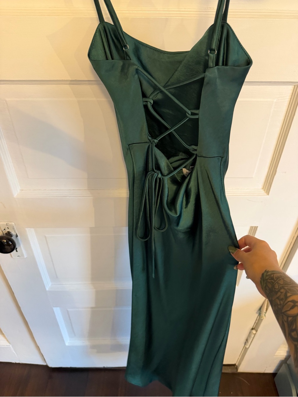 Beginning Boutique Emerald Green Backless Satin Slip Dress